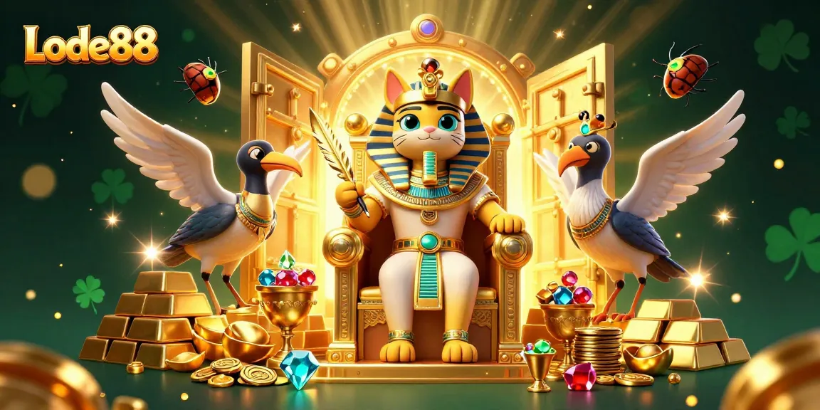 Engage with thrilling Lode88 experiences featuring a pharaoh cat, treasure, and dynamic gold elements.