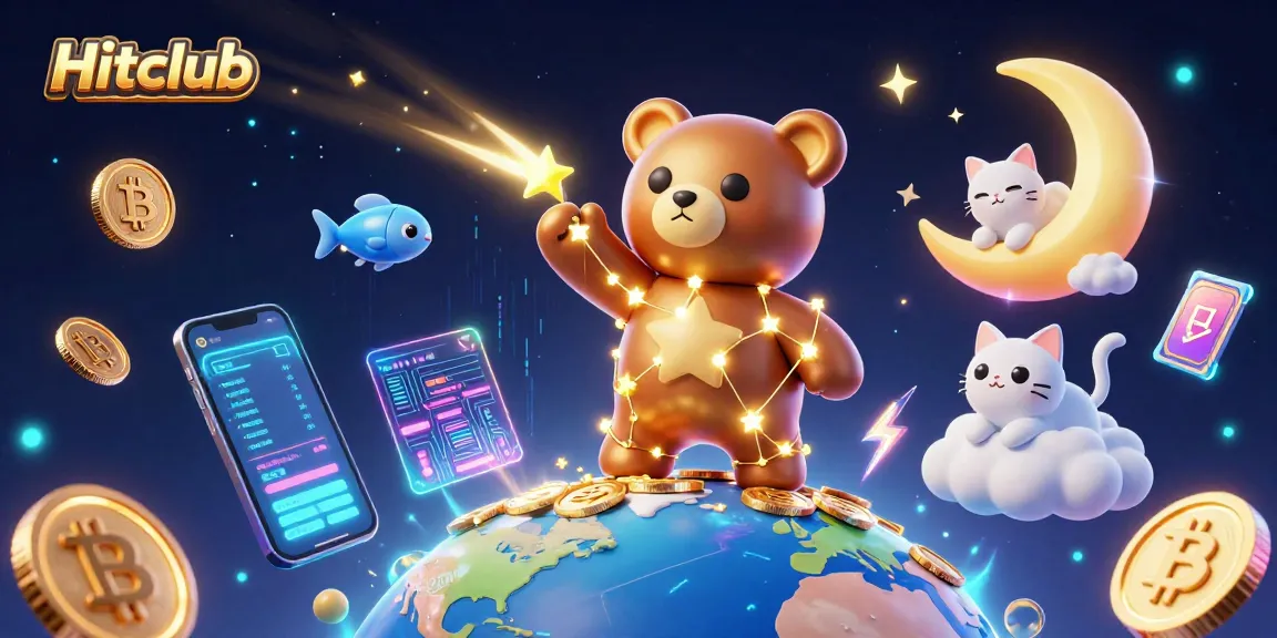 Hitclub casino experience showcasing a 3D cartoon constellation bear winning coins and interacting with crypto elements.