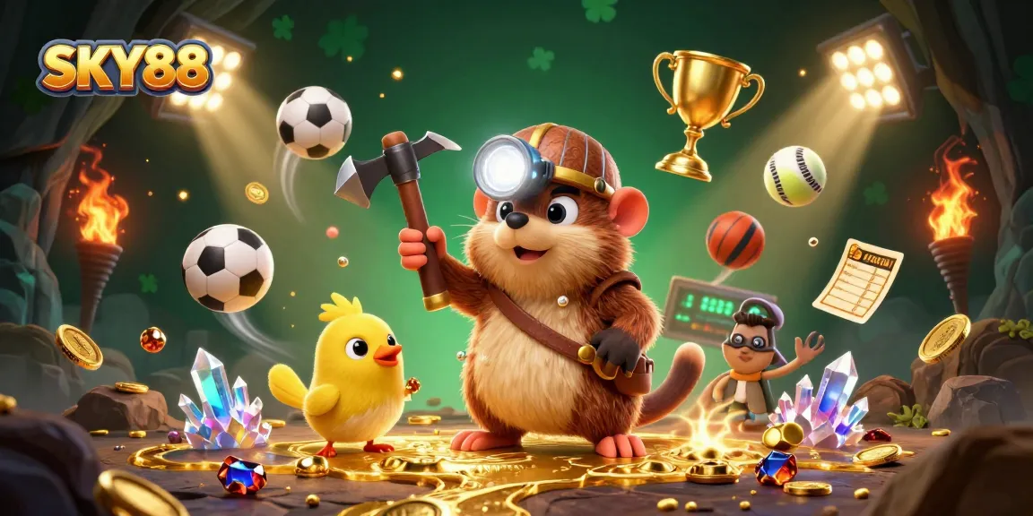 Experience thrilling games at SKY88 with vibrant 3D illustration showing dynamic sports betting elements and fun
