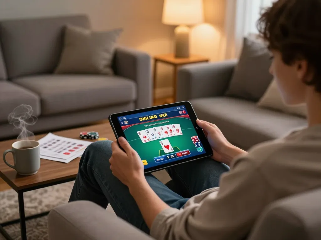 Engaging in online casino gaming at home with 23 win poker strategies and a cozy atmosphere.