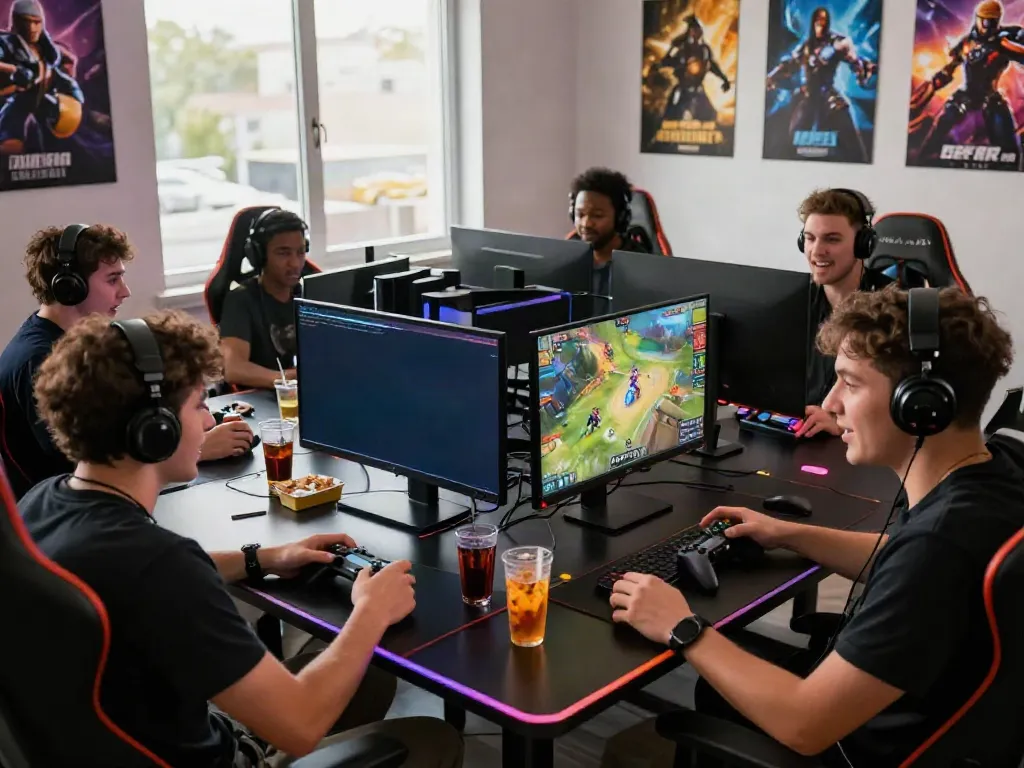 Excited gamers focused on their screens during a lively roud of rokok88 login multiplayer gaming session.