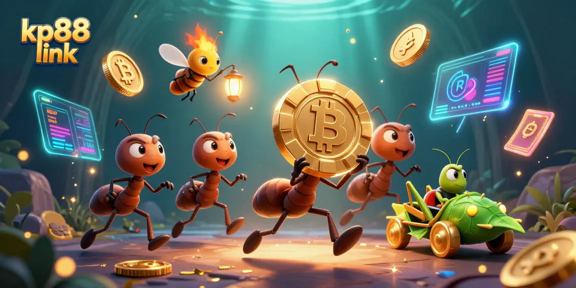 Experience the exciting kp88 link through a dramatic heist scene with playful 3D ants and dynamic gambling elements.