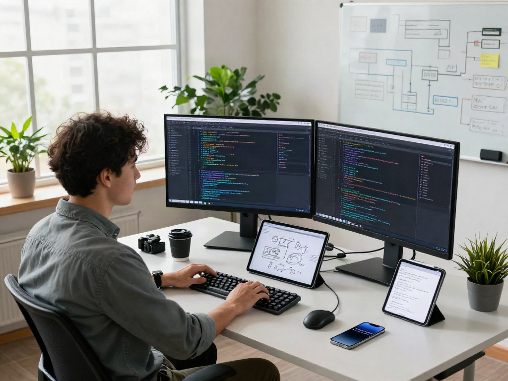 ggsoft software development workspace with coding screens and innovative tech gadgets, showcasing a modern tech environment.