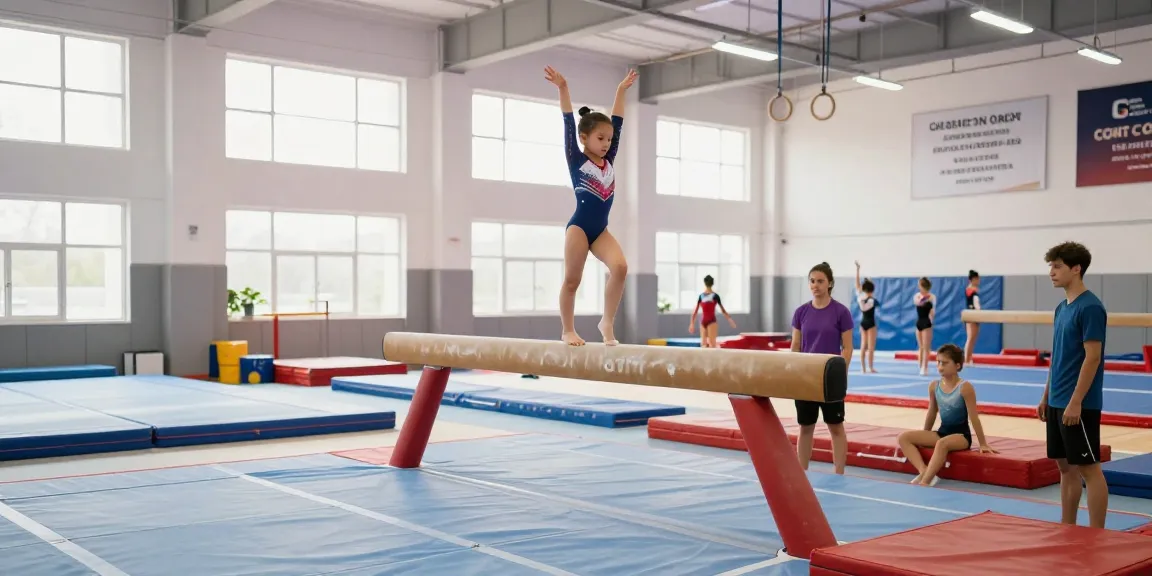 Un giovane atleta che esegue una performance di usag sulla trave di equilibrio in una palestra luminosa e spaziosa.