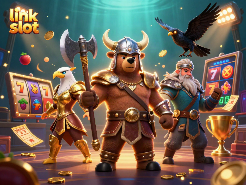 Engage in thrilling link slot action with vibrant characters in a dynamic casino scene.