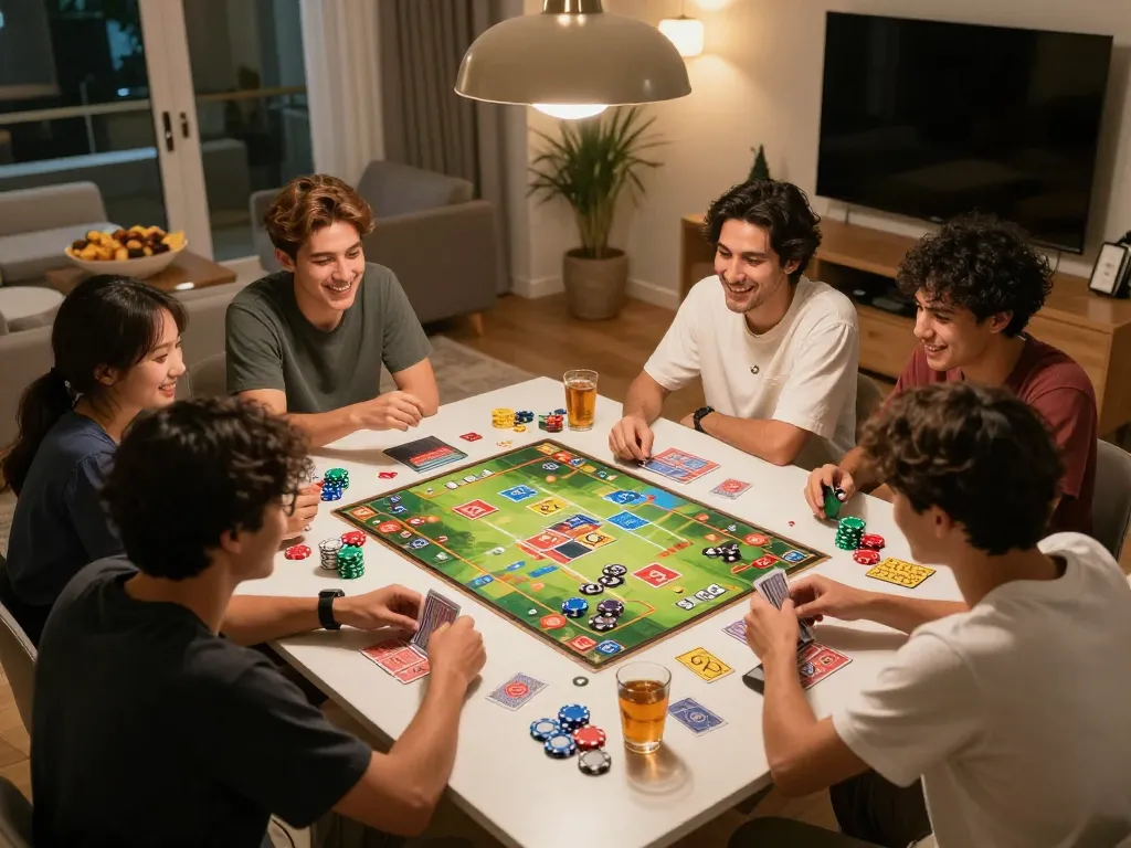 Friends enjoying game bài đổi thưởng during a lively home gaming night with chips and cards visible