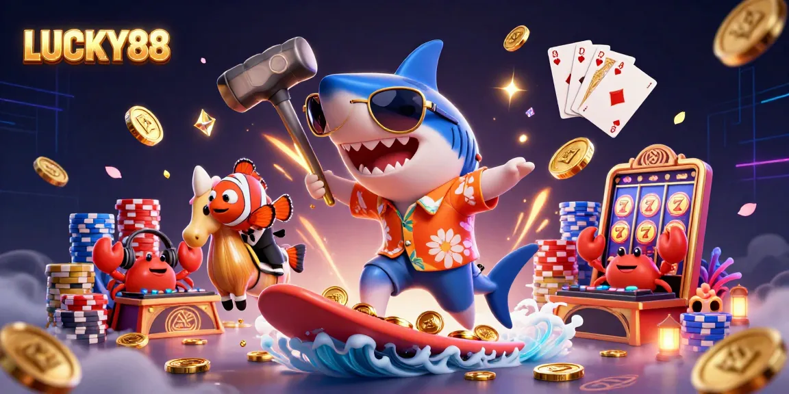 Experience the thrill at LUCKY88 with vibrant casino action featuring a surfing shark and exciting game elements.