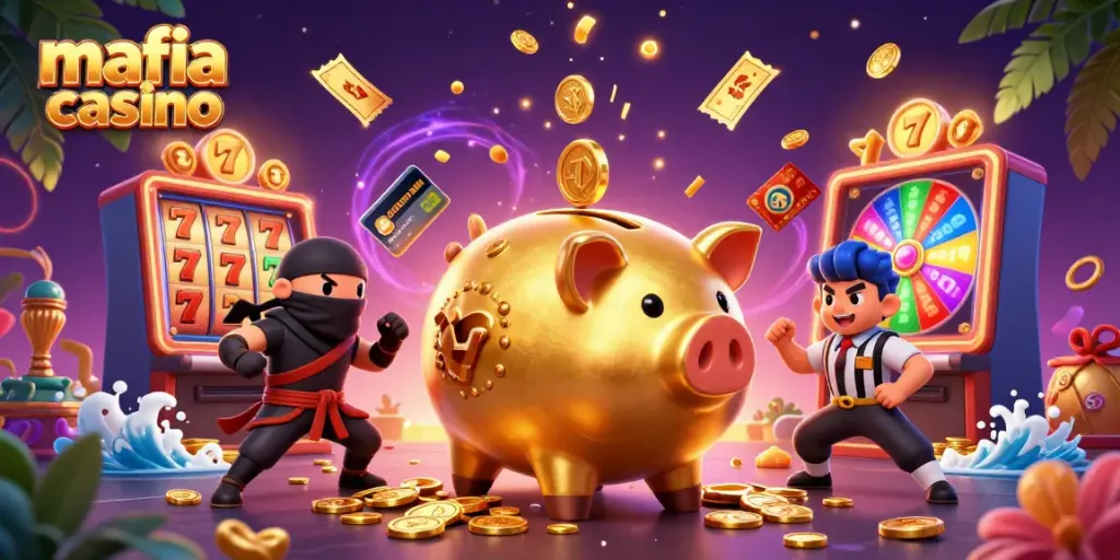 Mafia casino offers dynamic action with a golden piggy bank sumo wrestler and colorful slot elements.