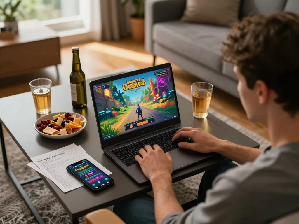 Utente coinvolto che gioca a Chicken Road online, mostrando recensioni chicken road in un accogliente setup di gioco con laptop e snack.