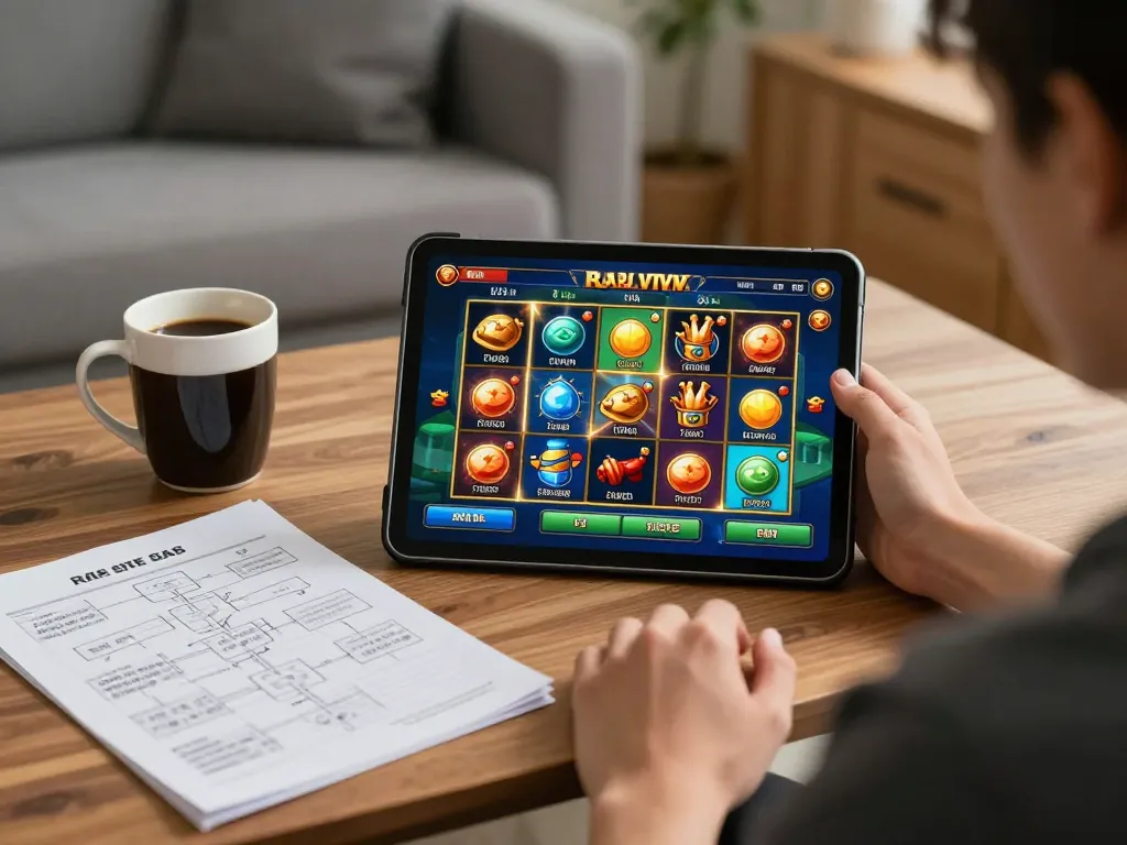 Memainkan permainan raja slot di tablet dalam suasana rumah yang nyaman, menekankan perjudian yang bertanggung jawab.