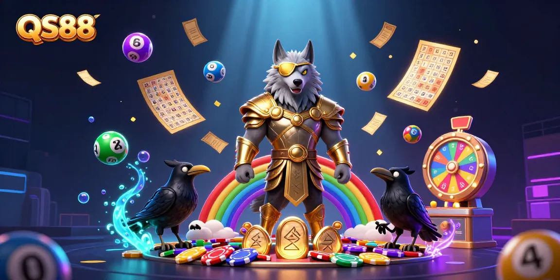 Experience QS88's dynamic gaming scene with an Odin wolf and ravens amidst colorful lottery elements and casino chips.
