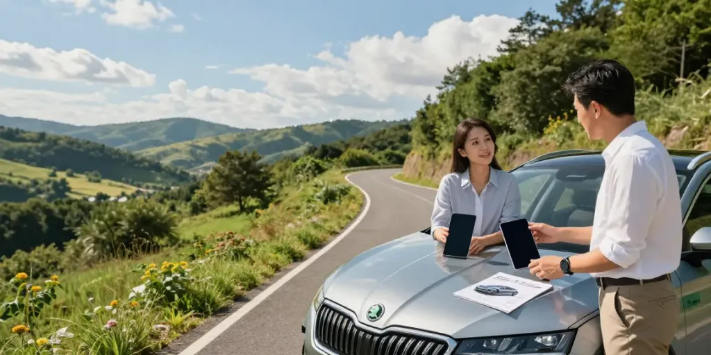 Noleggio lungo termine Skoda: coppia professionale discute offerte mentre ammirano un'auto moderna su una strada panoramica.