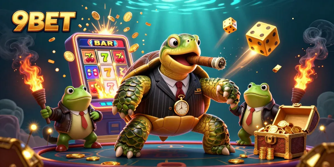 Join the excitement at 9BET with a vibrant casino scene featuring a lucky snapping turtle and thrilling game elements.