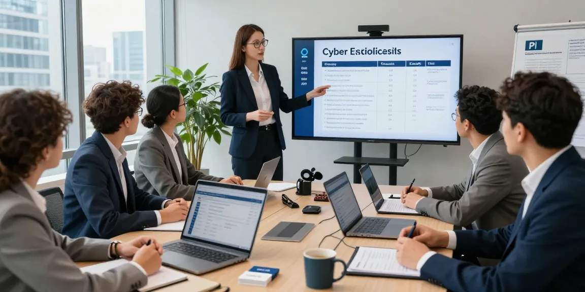 Engaged team discussing the cyber essentials plus cost in a modern office setting.