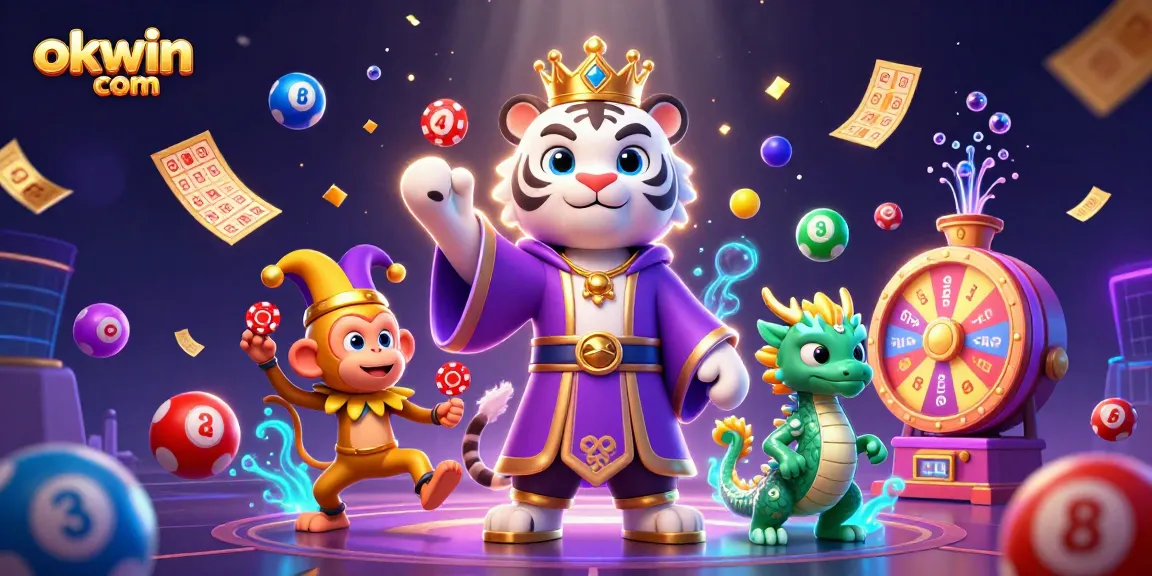 Engage with thrilling games at okwin com, featuring dynamic lottery balls and playful characters.