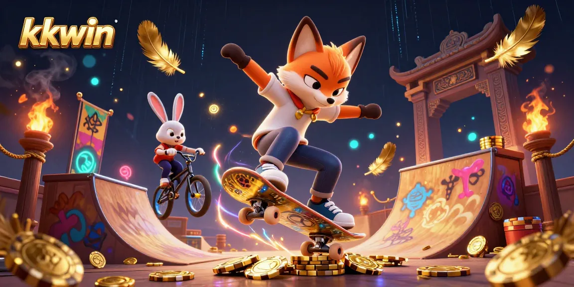 Engage in thrilling gaming action with kkwin, featuring a vibrant 3D scene of a fox and rabbit in a dynamic casino setting.