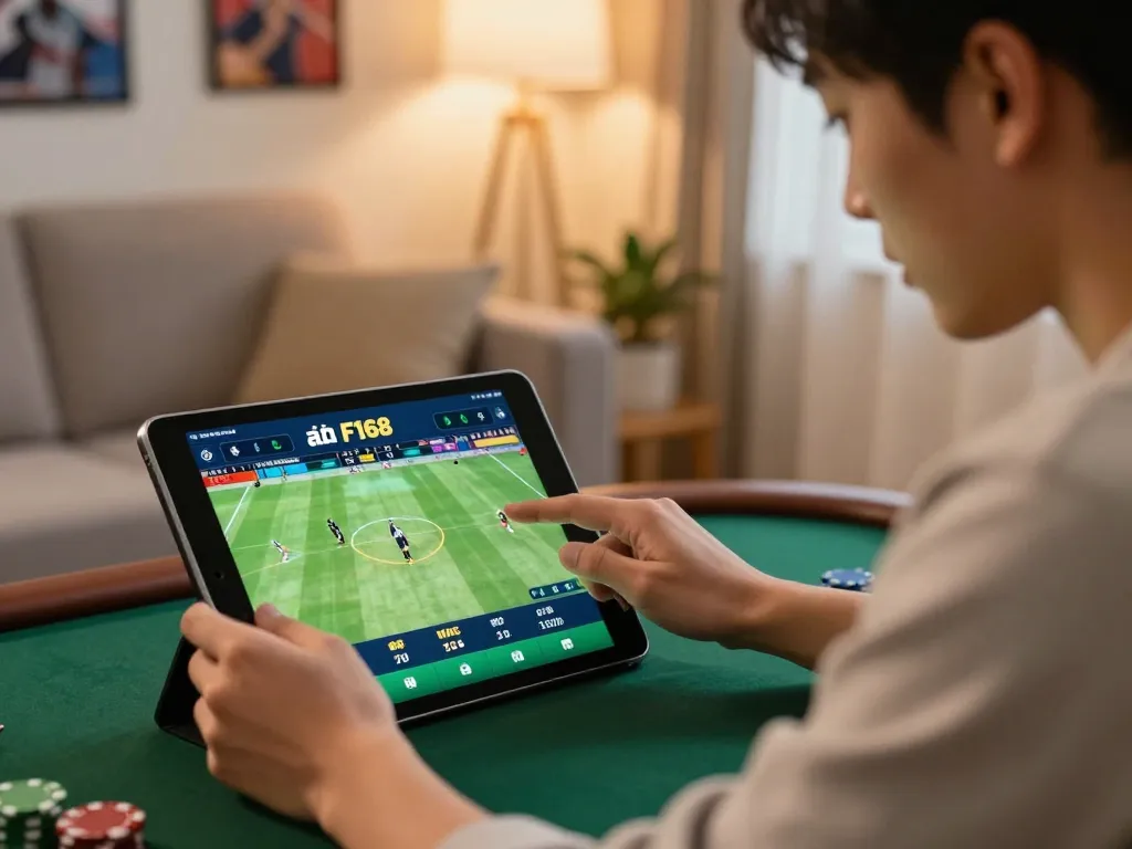 Player strategically betting on the nhà cái F168 app, surrounded by a cozy home environment.