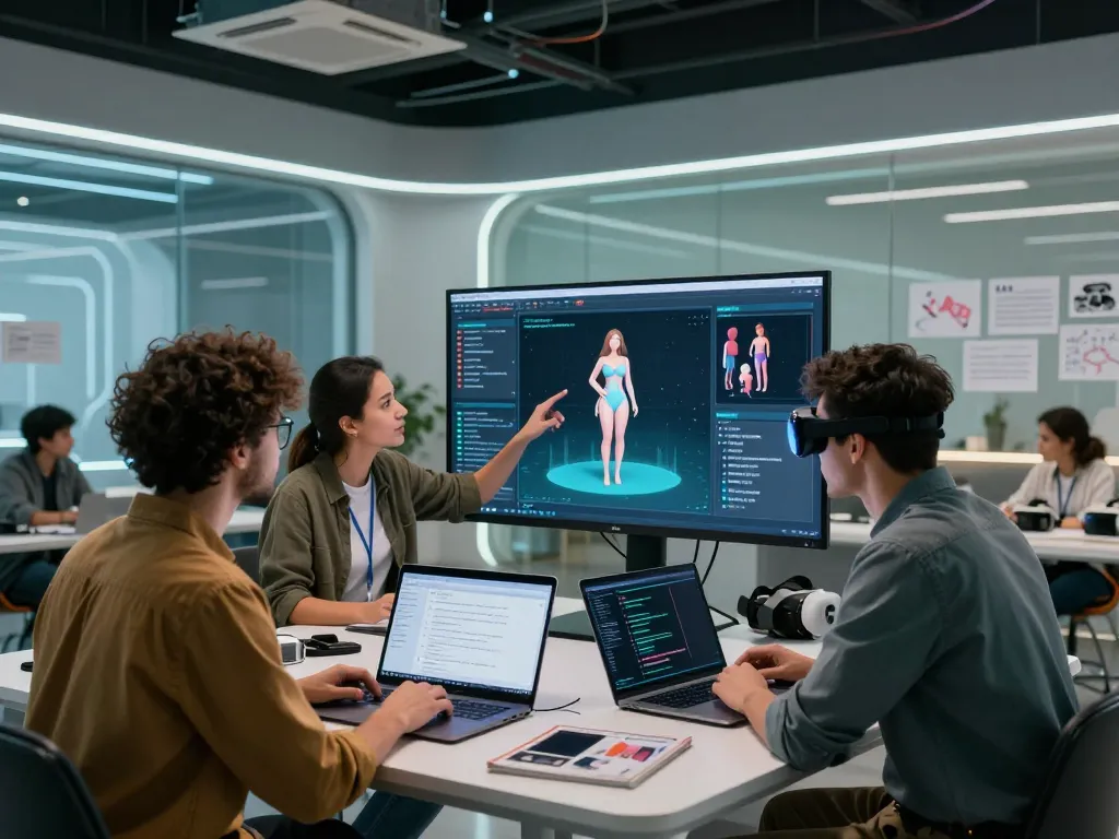 Researchers exploring AI sex technology in a modern studio setting, highlighting innovative digital interactions.