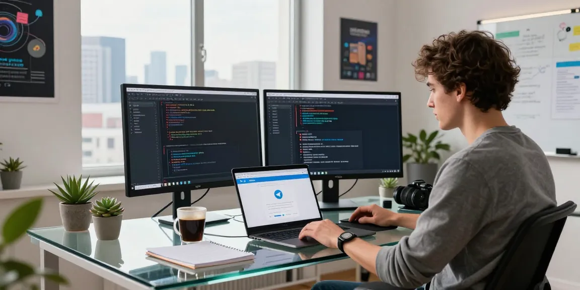 Engaged professional using the Telegram web version at a modern workspace, showcasing tech integration and productivity.
