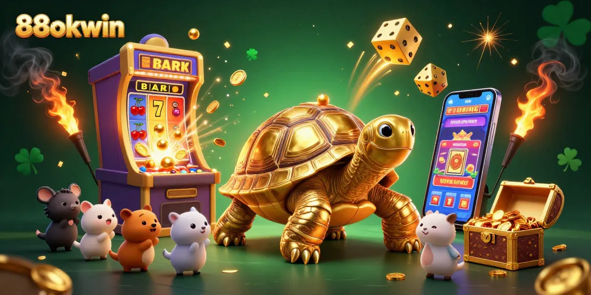 Engage in thrilling gaming with 88okwin’s casino adventure featuring a golden tortoise and slot machine.